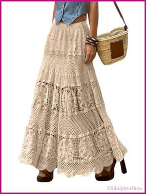 Women's Boho Maxi Skirt A-Line Flowy Lace Crochet Knit Hippie Eyelet Long Skirt